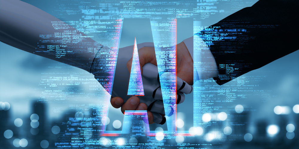 Human and robot shaking hands with AI text overlay, symbolizing human-AI collaboration and trust in technology