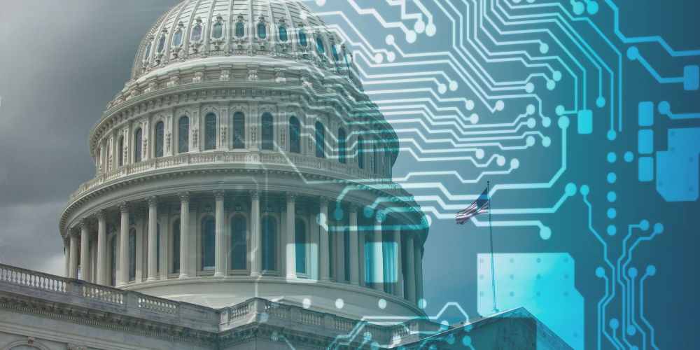 U.S. Capitol building with digital circuit overlay representing AI-driven defense acquisition reform and modernization.