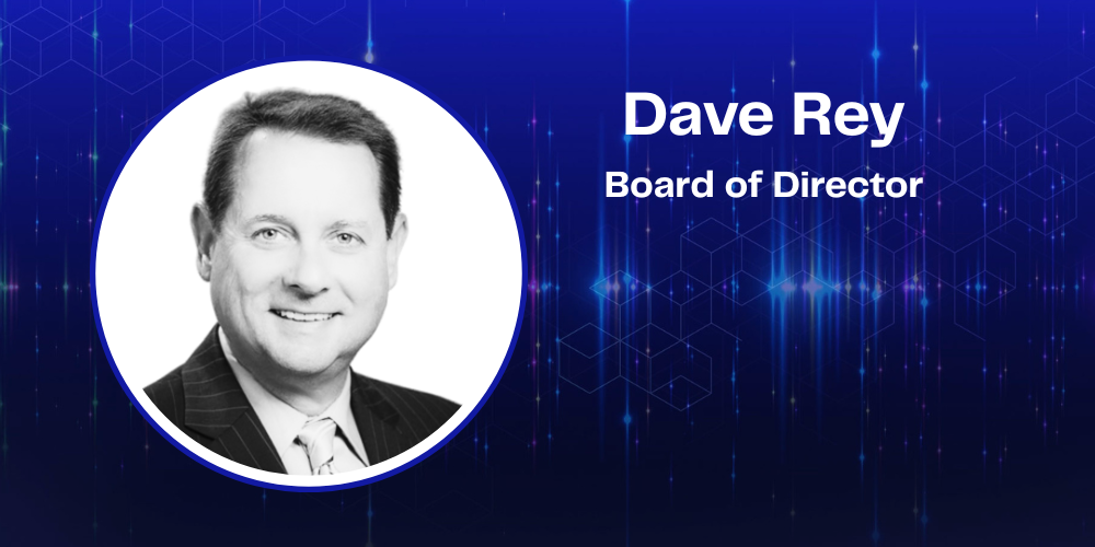 Black and white headshot of Dave Rey, newly appointed Virtualitics Board of Directors member, against a blue AI-themed background.