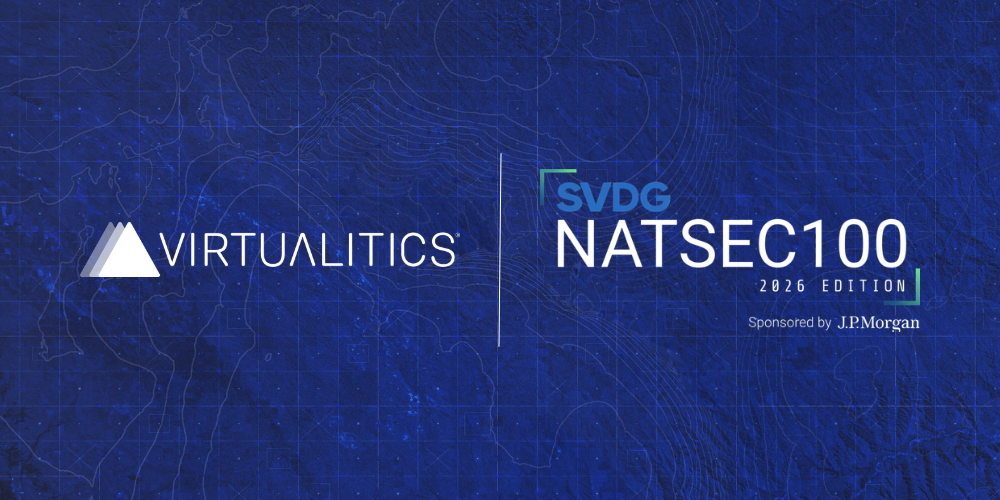 Virtualitics logo alongside the SVDG NatSec100 2026 Edition logo on a blue technical map background.
