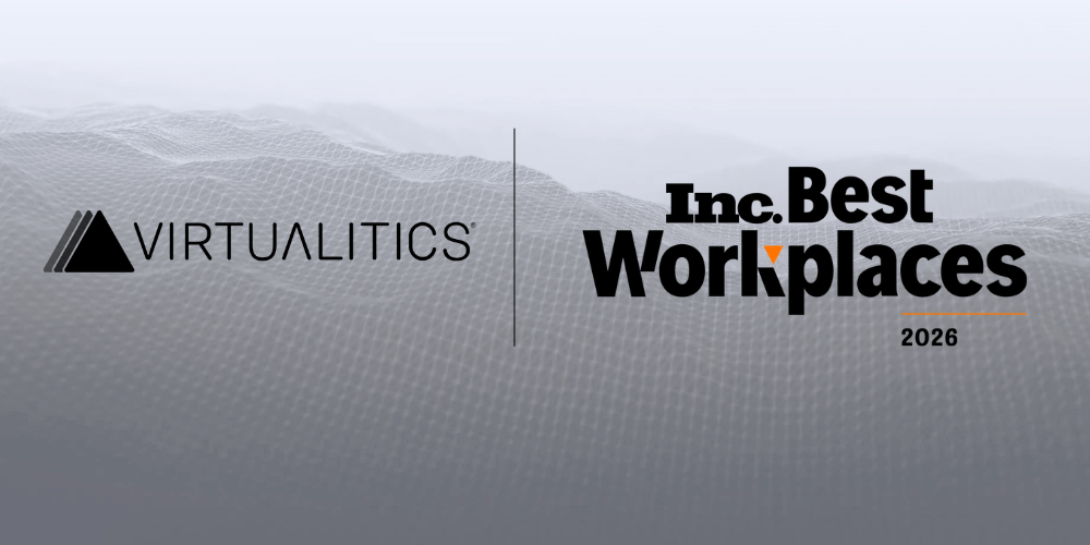 Virtualitics logo alongside the Inc. Best Workplaces 2026 logo over a gray, wave-like data visualization background.
